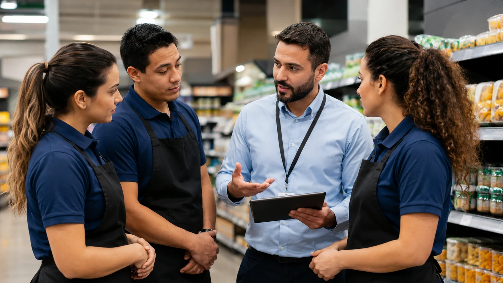 Jefe de sala coordinando a un equipo de supermercado