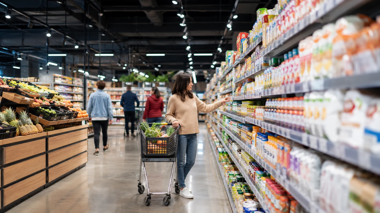 Shopper recorriendo un supermercado y seleccionando productos