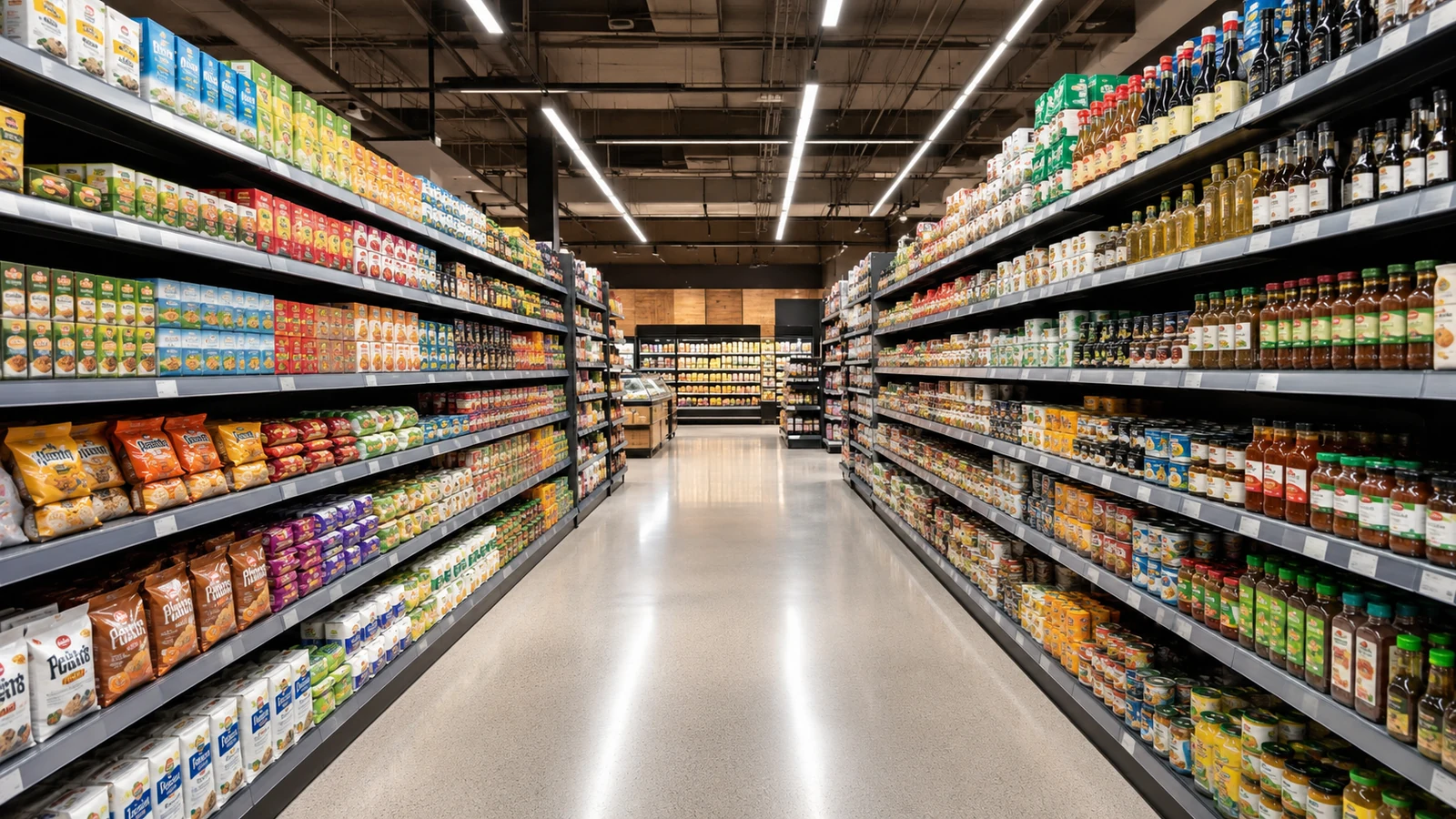 Pasillo de supermercado moderno con exhibiciones organizadas
